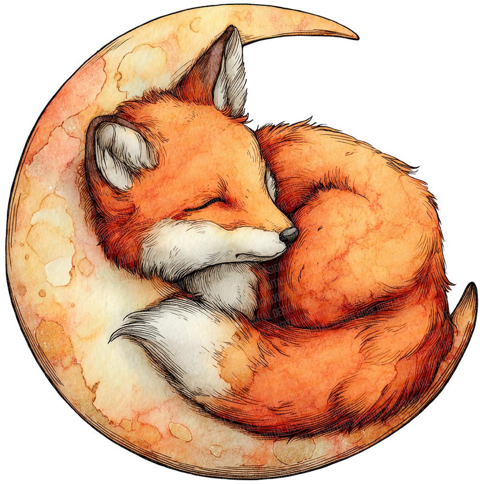 12x Crescent Moon Fox PNG Clipart, Watercolor Sleeping Foxes Clip Art ...