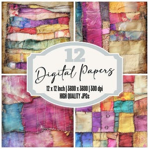 May include: Twelve digital papers featuring a patchwork design with various shades of pink, purple, blue, yellow, and brown. The papers are 12 inches by 12 inches and 300 dpi.