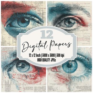 12x typografisches Auge Junk Journal Papier Pack Text Overlay Textur Hohe Qualität JPGs Scrapbook Download