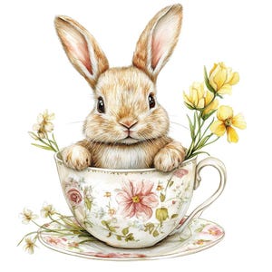 12x Clipart di coniglietto in tazza da tè in formato PNG, set di clipart di coniglio primaverile, coniglietto acquerello in tazza, PNG stampabile, download digitale, lavoretti di carta, Pasqua