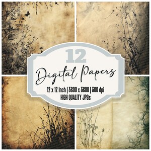 12 feuilles de papier journal à double floraison, paquet de papier numérique, silhouettes florales vintage, texture vieillie, JPG de haute qualité, papier imprimable