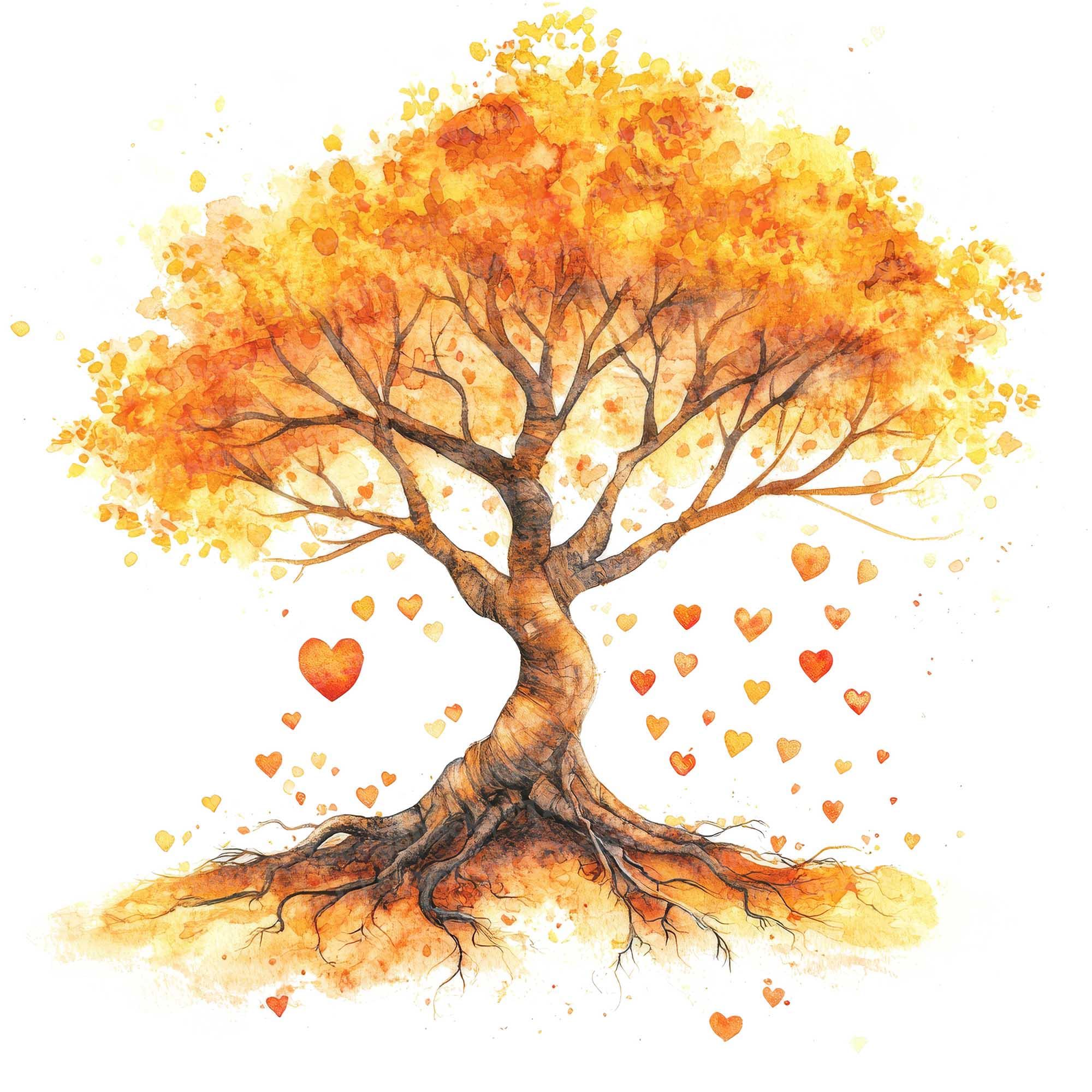 Fall Tree Heart Vector 12 Heart Tree Clipart, Watercolor Autumn Tree With Falling Hearts ...