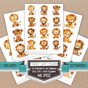 Peut inclure: Feuilles d'illustrations de lionceaux à l'aquarelle dans des tons de marron, orange et beige. Les feuilles sont étiquetées "Fussy Cut Pages" et incluent "US Letter & A4 Sheets" et "48 PCS". L'image comprend également le texte "300 DPI" et "12 PAGES".