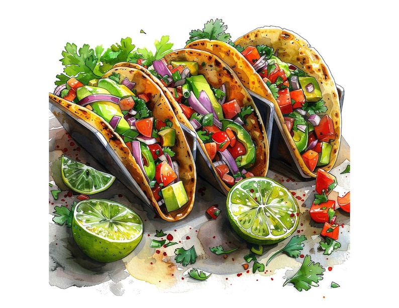 Taco PNG Clipart, 12x Mexican Food Clip Art Set, Printable Watercolor Taco Clipart, Transparent PNG, Digital Download, Fiesta Party Decor image 12