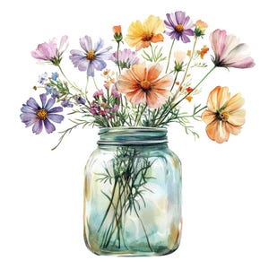 May include: A watercolor painting of a bouquet of colorful cosmos flowers in a clear glass jar. The flowers are in shades of pink, orange, yellow, and purple.