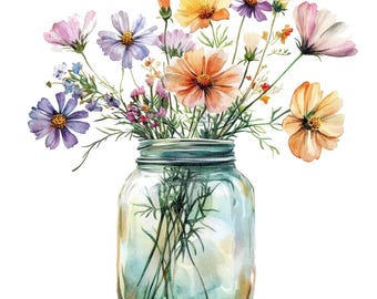 Imágenes prediseñadas PNG de flores en tarros Mason, 12 ilustraciones florales rústicas, flores silvestres en acuarela, descarga digital, decoración del hogar, diario de recortes, manualidades con papel.