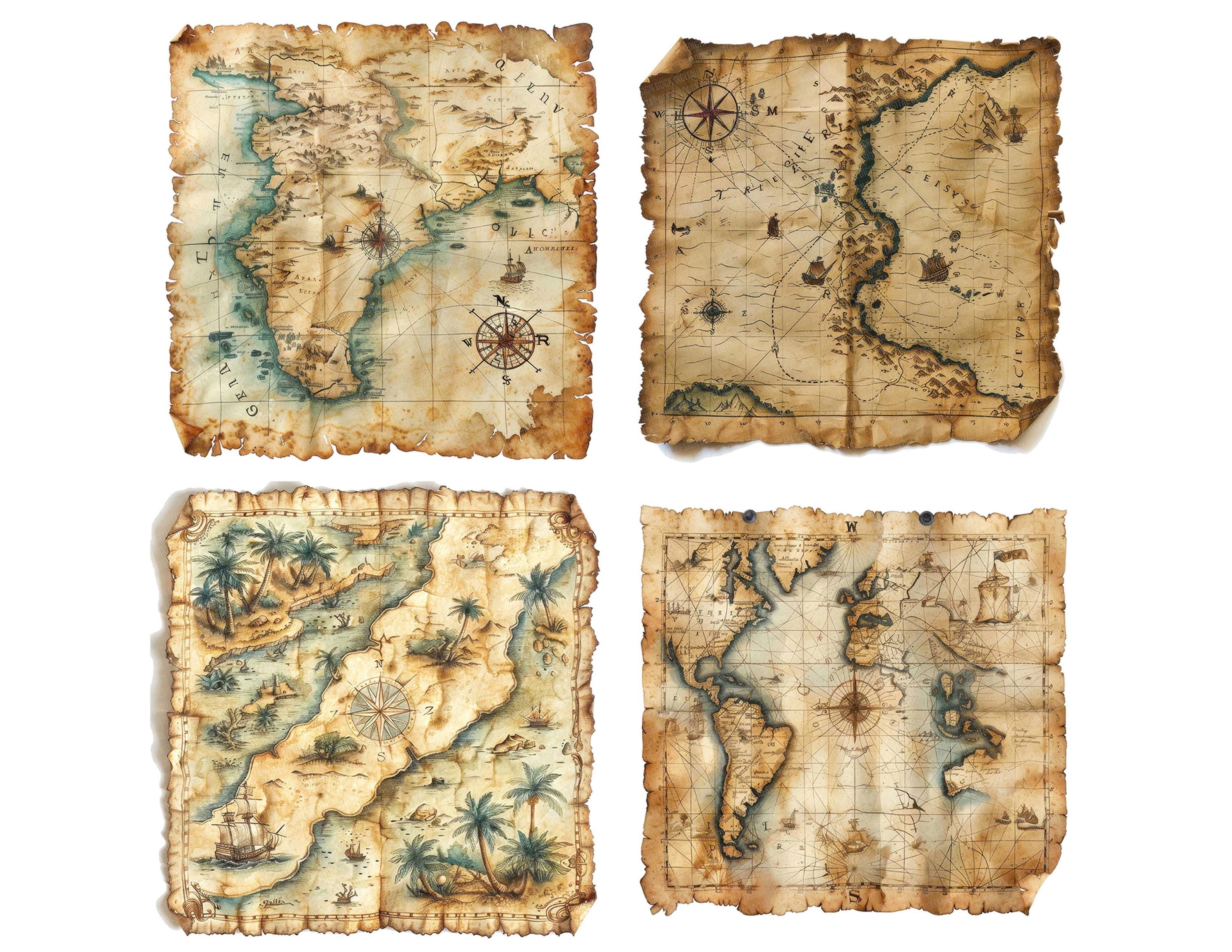 海賊地図のクリップアート、12枚のヴィンテージ宝の地図アートセット