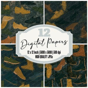 May include: A collection of digital papers with a repeating shoe pattern in gold, green, and brown on a dark teal backdrop. The image includes the text "12 Digital Papers" and dimensions of 12 x 12 inches.