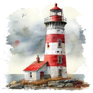 Clipart phare, 12 fichiers JPG, clipart côtier nautique, clipart aquarelle imprimable, créations en papier, art mural, téléchargement numérique, journaux indésirables