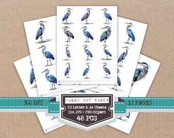 Láminas recortables con garza azul pintadas al óleo, 12 páginas imprimibles de aves, recortes para diario creativo, efímeros para hacer tarjetas, imprimir y recortar, formato digital.
