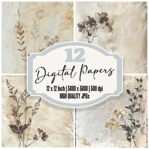12x Faded Herbarium Junk Journal Paper, Vintage Botanical Prints, Aged Crumpled Texture, Distressed Digital Paper Pack, High Quality JPGs