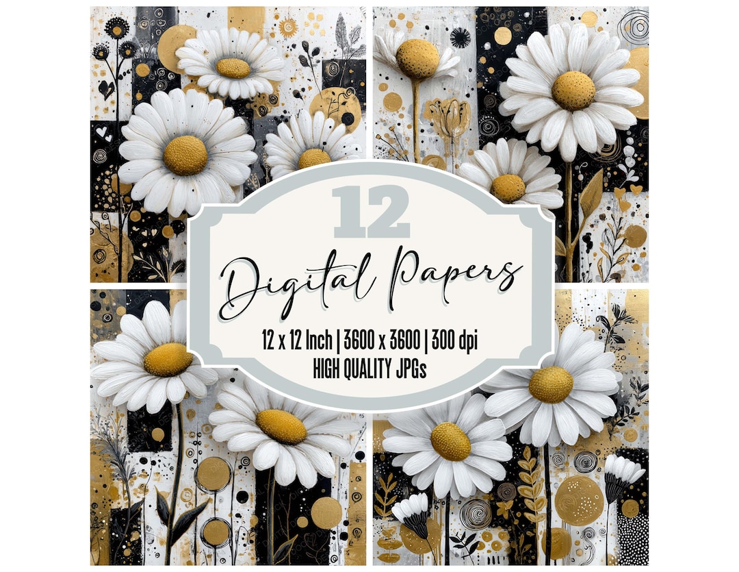 12x Abstract Daisy Floral Digital Paper Pack Black Gold Botanical ...