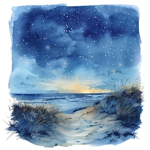 Sand Dunes Clipart, 12x Dusk Beach Scene Clip Art Set, Printable Watercolor Coastal Clipart, Digital Download, Transparent PNG, Night Sky