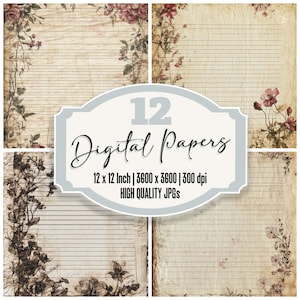 12x Vintage Lined Roses Junk Journal Paper Digital Paper Pack Aged Floral Stationery High Quality JPGs Scrapbook Paper Download