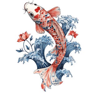 Peut inclure: Illustration à l'aquarelle d'une carpe koï nageant vers le haut. Le poisson est rouge, blanc et bleu avec des écailles détaillées. Des vagues bleues et des fleurs de lotus rouges entourent le poisson, sur fond blanc. L'œuvre a une esthétique japonaise traditionnelle.