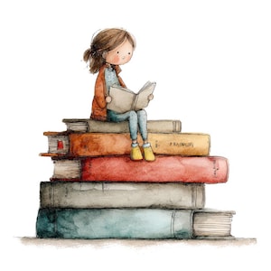 Puede incluir: Ilustración en acuarela de una persona sentada sobre una pila de libros, absorta en la lectura. La persona lleva una chaqueta naranja, vaqueros azules y botas amarillas. Los libros son de varios colores, con texto visible.