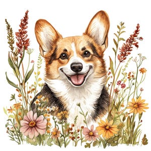 12 Corgi Dog Wildflower Clip Art, Watercolor Corgi with Wildflowers PNG, Digital Download, Scrapbook Images, Paper Crafts, Junk Journal