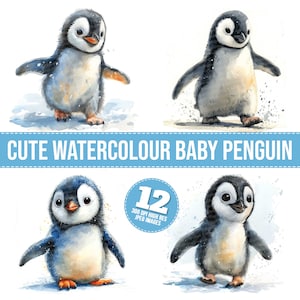 Clipart de pingüino bebé en acuarela, 12 JPG, imagen de alta calidad de pingüino, ilustración de pingüino adorable, arte mural, descarga digital, camiseta, ducha
