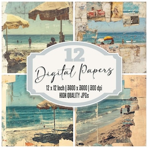 12 cartes postales déchirées pour journal indésirable, papier de plage, paquet de papier numérique, texture estivale vintage, arrière-plans océaniques, téléchargement JPG de haute qualité