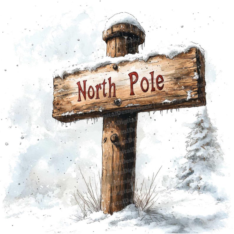 North Lettering 12 North Pole Clipart, Watercolor Holiday Wooden Sign, Printable ...
