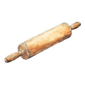 Pode incluir: Ilustração em aquarela de um rolo de madeira. O rolo é marrom claro com cabos marrons mais escuros. A ilustração está em um fundo branco. Esta ferramenta de cozinha é usada para estender a massa.