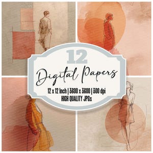 Könnte beinhalten: Eine Collage aus vier digitalen Papierdesigns. Jedes Design zeigt eine Illustration im Aquarellstil einer Person in einem Mantel oder Kleid. Die Designs sind in Orange-, Beige- und Brauntönen gehalten. Der Text "12 Digital Papers" befindet sich in der Mitte.