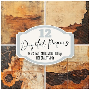 May include: A set of 12 digital papers featuring vintage map textures in brown, black, and white. The papers are 12 inches by 12 inches and have a resolution of 3600 by 3600 pixels at 300 dpi. The text "12 Digital Papers" and "12 x 12 Inch | 3600 x 3600 | 300 dpi HIGH QUALITY JPGS" is displayed on the image.