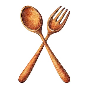 May include: Crossed wooden spoon and fork illustration. The spoon has a rounded bowl with concentric circles, and the fork has four tines. Both utensils have long, slender handles. The image is a detailed, hand-drawn style.