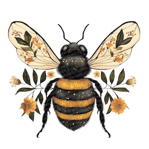 Folk Bee PNG Clipart, 12x Floral Bumblebee Clip Art Set, Printable Watercolor Clip Art, Digital Download, Transparent PNG, Paper Crafts