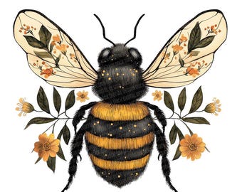 Folk Bee PNG Clipart, 12x Floral Bumblebee Clip Art Set, Printable Watercolor Clip Art, Digital Download, Transparent PNG, Paper Crafts