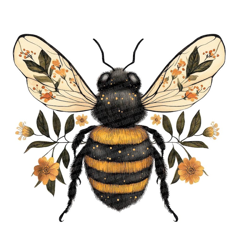 May include: A detailed illustration of a bee with black and yellow stripes, adorned with floral accents. The bee's wings are translucent with floral patterns, and it is surrounded by orange flowers and green leaves, all set against a white background.