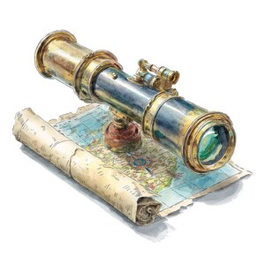 Peut inclure: Illustration d'une longue-vue en laiton et bleue posée sur une carte détaillée. La carte est partiellement enroulée, et la longue-vue a une base en bois. Thème nautique vintage.