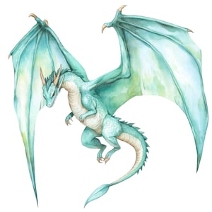 May include: A watercolor painting of a teal blue dragon with wings spread wide. The dragon is flying in mid-air with its head turned to the side.
