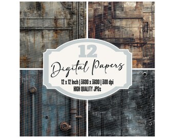 May include: Twelve digital papers featuring rusty metal textures in shades of gray, brown, and blue. Each paper is 12 inches by 12 inches and 3600 pixels by 3600 pixels at 300 dpi.