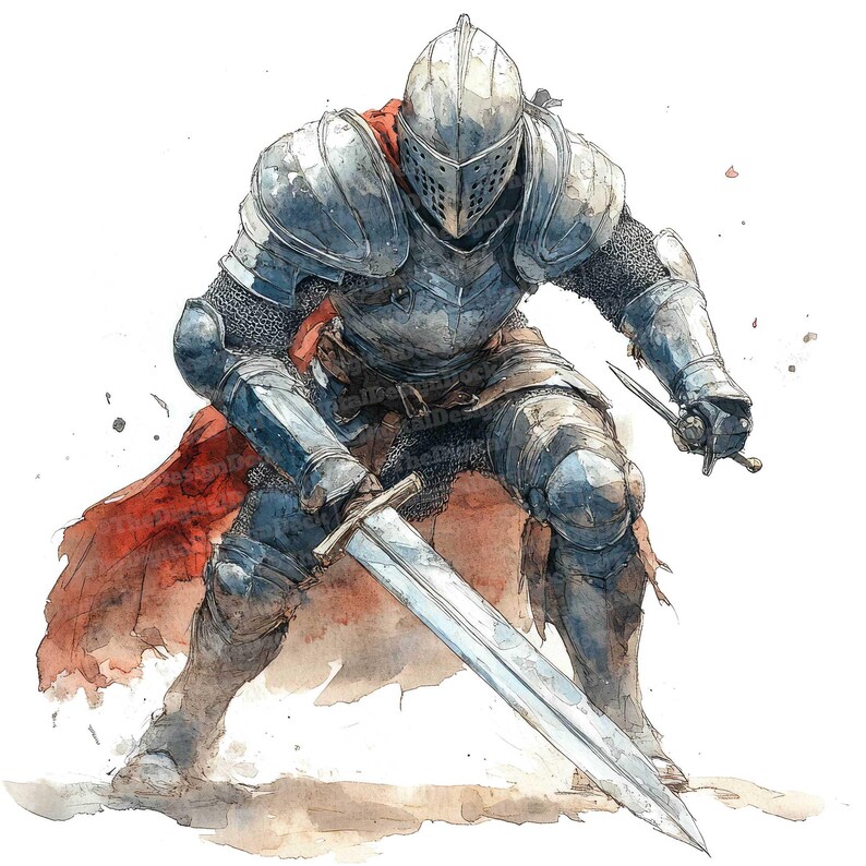 May include: A watercolor painting of a knight in full armor, kneeling with a sword in one hand and a dagger in the other. The knight is wearing a red cape and has a silver helmet with a visor.