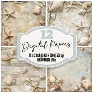 12x Seashell Starfish Junk Journal Paper Linen Texture Digital Paper Pack Coastal Beach Backgrounds High Quality JPGs Download