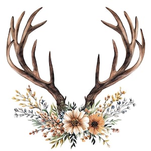 Imágenes prediseñadas de cuernos de ciervo, juego de 12 imágenes prediseñadas de cuernos florales, imágenes prediseñadas de acuarela imprimibles, manualidades de papel, descarga digital, paquete de diario basura