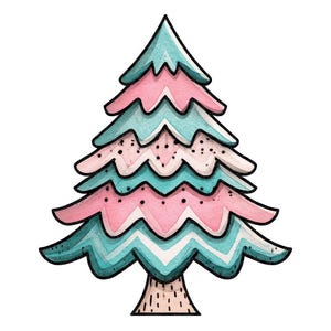 Può includere: Illustrazione ad acquerello di un albero di Natale rosa e turchese. L'albero presenta strati alternati con contorni neri e piccoli punti neri. Il tronco è marrone chiaro.