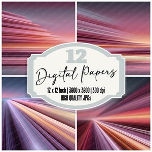 May include: A digital art print featuring four abstract designs in shades of pink, purple, and orange. The image includes the text "12 Digital Papers" and details about the size and resolution of the digital files.
