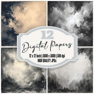 Può includere: Un pacchetto di arte digitale con 12 carte digitali di alta qualità. Le carte hanno un'estetica vintage con disegni di nuvole e texture in tonalità di grigio, beige e blu navy. Ogni carta misura 30,48 x 30,48 cm.