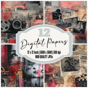 Puede incluir: Doce papeles digitales con temática de cine vintage. El diseño incorpora carretes de película, cámaras y claquetas, con una paleta de colores rojo, gris y beige. El texto dice: "12 Digital Papers, 12 x 12 pulgadas, 3600 x 3600, 300 dpi, High Quality JPGs."