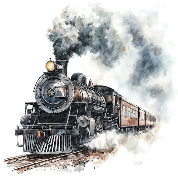 ビンテージ列車 PNG クリップアート、12 枚の蒸気機関車のイラスト