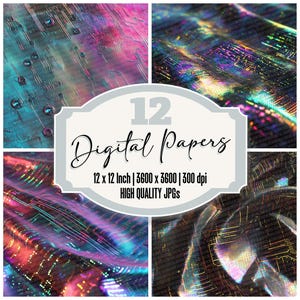 May include: Twelve digital papers with iridescent holographic patterns. Each paper is 12 inches by 12 inches and 3600 pixels by 3600 pixels at 300 dpi. High quality JPGs.