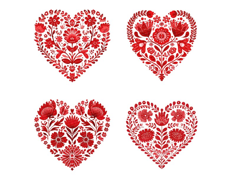 Romantic Folk Art Heart Clipart, 12 High-quality PNG/JPG, Printable ...