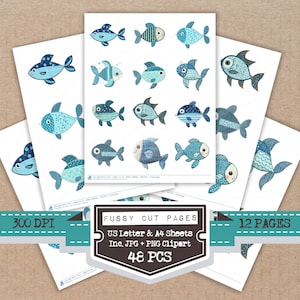 May include: Sheets of paper featuring various blue fish illustrations. The fish designs include different patterns and shades of blue. The image also includes text that reads "Fussy Cut Pages", "US Letter & A4 Sheets", and "48 PCS".