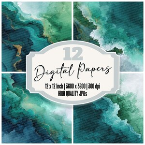 May include: A collection of 12 digital papers with an abstract design. The papers feature a blend of teal, green, and gold colors, creating a watercolor effect. The text on the image reads "12 Digital Papers, 12 x 12 Inch, High Quality JPGs."
