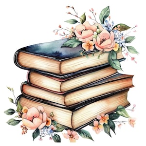 Floral Book Stack PNG Clip Art, 12x Books With Flowers Clipart Set ...