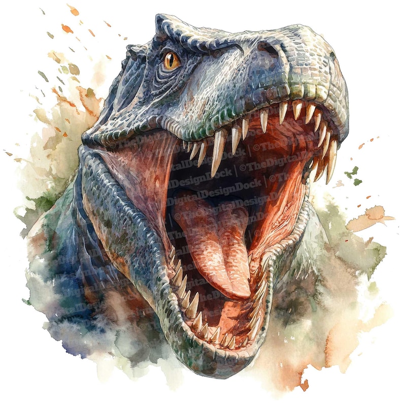 Op de afbeelding: Een aquarel schilderij van een Tyrannosaurus Rex dinosaurus met zijn bek open, waardoor zijn scherpe tanden zichtbaar zijn. De dinosaurus is geschilderd in tinten grijs en bruin, met een spatten van oranje en groene aquarelverf in de achtergrond.