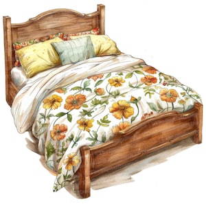 12 imágenes prediseñadas de cama acogedora con flores, imágenes prediseñadas de cama de dibujos animados, imágenes prediseñadas de acuarela imprimibles, arte mural, manualidades de papel, descarga digital, revistas basura