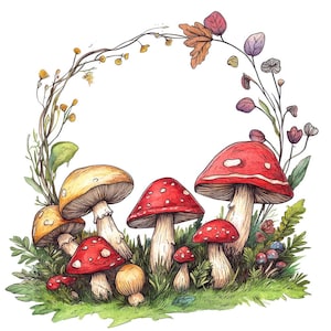 Fée champignon PNG Clip Art, 12 x champignon bague Clipart PNG ensemble, clipart aquarelle imprimable, créations en papier, téléchargement numérique, Bundle Nature